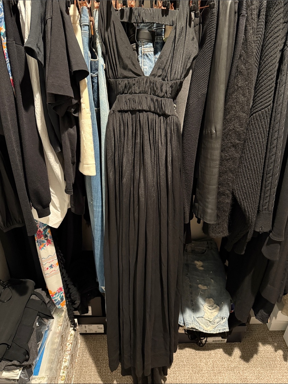Women's Black Deep V Elastic-Waist Maxi Dress